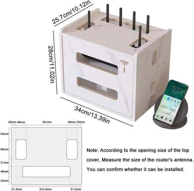 Alt view image 2 of 5 - Wooden Router Shelf, Desktop WiFi Router Storage Box Modem Rack Cover Power Strip and Cable Management Hider Organizer for Office and Home (White)