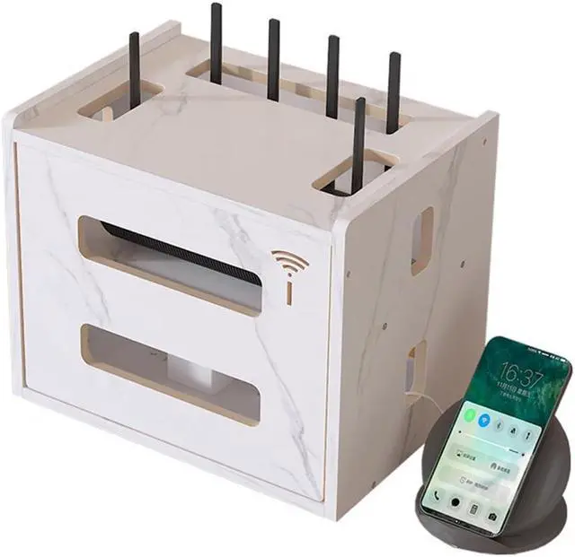 Main image of Wooden Router Shelf, Desktop WiFi Router Storage Box Modem Rack Cover Power Strip and Cable Management Hider Organizer for Office and Home (White)