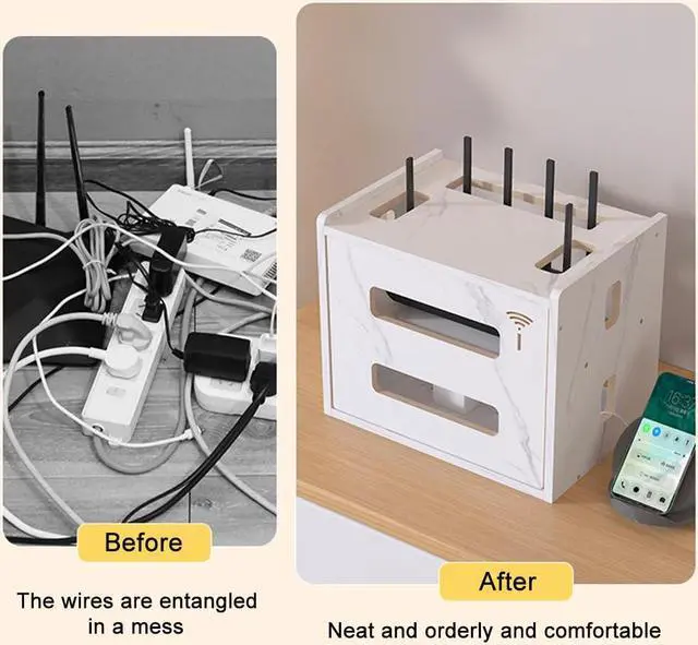 Alt view image 4 of 5 - Wooden Router Shelf, Desktop WiFi Router Storage Box Modem Rack Cover Power Strip and Cable Management Hider Organizer for Office and Home (White)