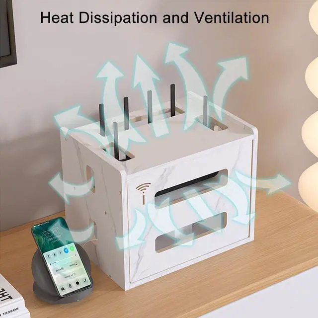 Alt view image 5 of 5 - Wooden Router Shelf, Desktop WiFi Router Storage Box Modem Rack Cover Power Strip and Cable Management Hider Organizer for Office and Home (White)