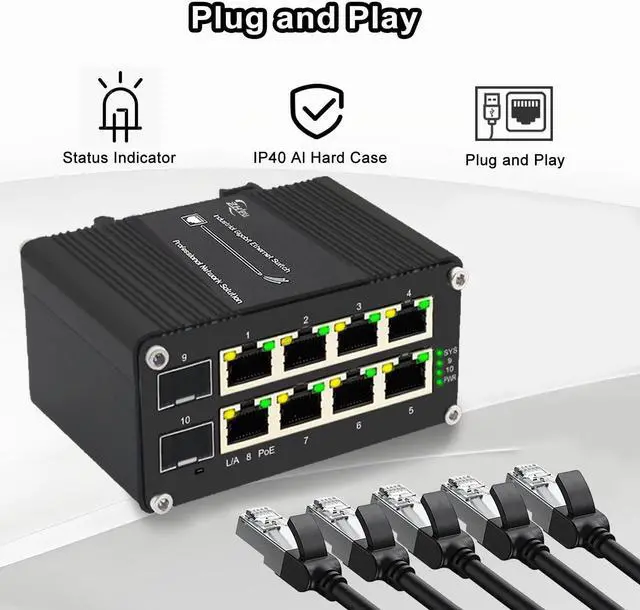 Alt view image 4 of 5 - Industrial 8 Port PoE Ethernet Switch with 2 SFP Slot, Gigabit Networking Switch Supporting Din-Rail, 48~57VDC Power Input
