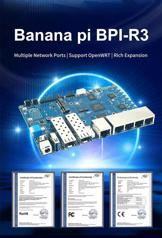 Alt view image 3 of 5 - youyeetoo Bananapi BPI-R3 WiFi 6 Router Board with MediaTek MT7986 Chip Dual GbE LAN for IoT Router, VPN Client&Server, OpenWrt Projects (Banana Pi BPI-R3 Router Kits)