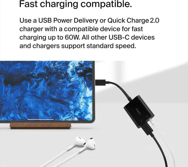 Alt view image 3 of 5 - Belkin RockStar(tm) 3.5mm Audio with USB-C Charge Adaptor Included, USB-C Audio Adaptor Compatible with iPad Pro, Galaxy, Note, Google Pixel, LG G6, Sony Xperia, OnePlus and More - Black