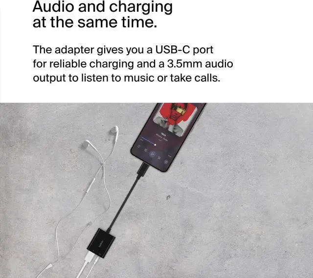 Alt view image 2 of 5 - Belkin RockStar(tm) 3.5mm Audio with USB-C Charge Adaptor Included, USB-C Audio Adaptor Compatible with iPad Pro, Galaxy, Note, Google Pixel, LG G6, Sony Xperia, OnePlus and More - Black
