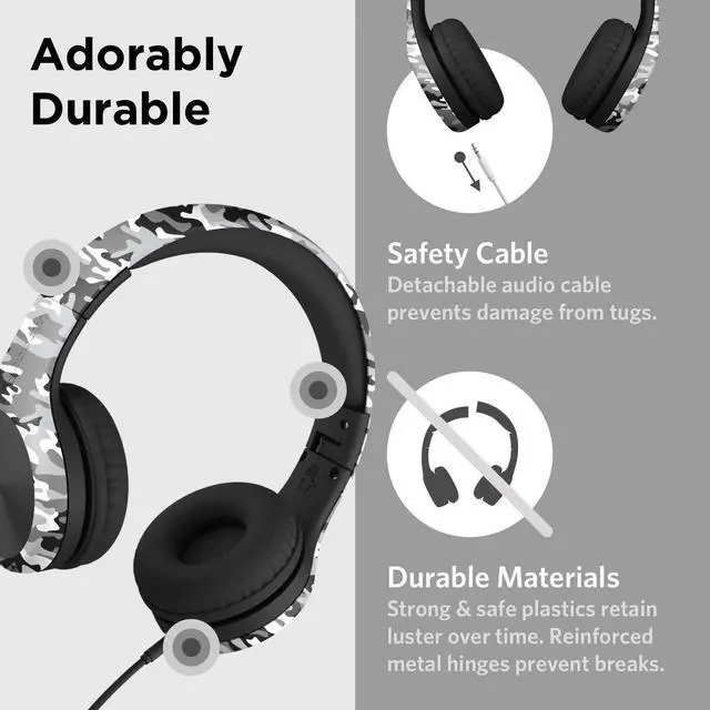 Alt view image 3 of 5 - LilGadgets Connect+ Pro Wired Kids Headphones for School w/Microphone, Volume Limiting Noise Reducing Over-Ear Headset w/Cord, SharePort Technology & SoftTouch Padding, Snow Camo Headphones for Kids