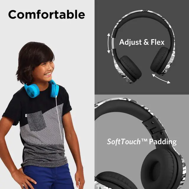Alt view image 2 of 5 - LilGadgets Connect+ Pro Wired Kids Headphones for School w/Microphone, Volume Limiting Noise Reducing Over-Ear Headset w/Cord, SharePort Technology & SoftTouch Padding, Snow Camo Headphones for Kids