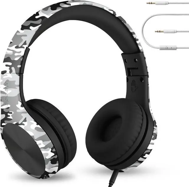 Main image of LilGadgets Connect+ Pro Wired Kids Headphones for School w/Microphone, Volume Limiting Noise Reducing Over-Ear Headset w/Cord, SharePort Technology & SoftTouch Padding, Snow Camo Headphones for Kids