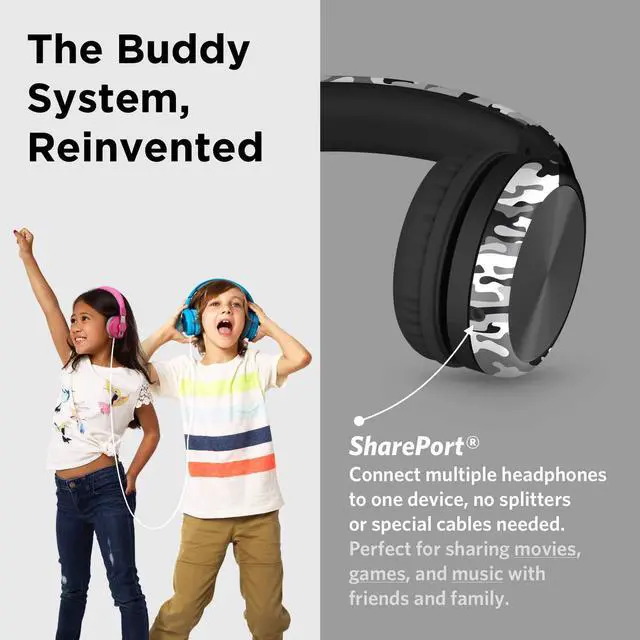 Alt view image 5 of 5 - LilGadgets Connect+ Pro Wired Kids Headphones for School w/Microphone, Volume Limiting Noise Reducing Over-Ear Headset w/Cord, SharePort Technology & SoftTouch Padding, Snow Camo Headphones for Kids