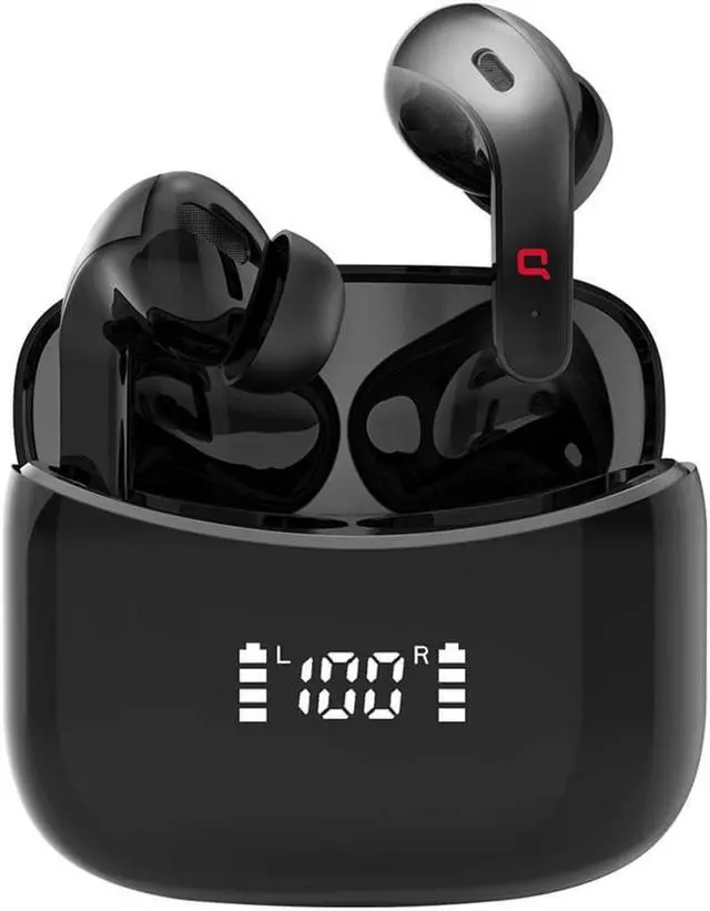Main image of Compaq wirless Earbuds QBuds, Bluetooth with immersive Premium Sound, Touch Control, Long Distance (10 k), LED Display Charging case, IPX7 Sweat- Resistant, Compatible w/Android & iOS (Black)