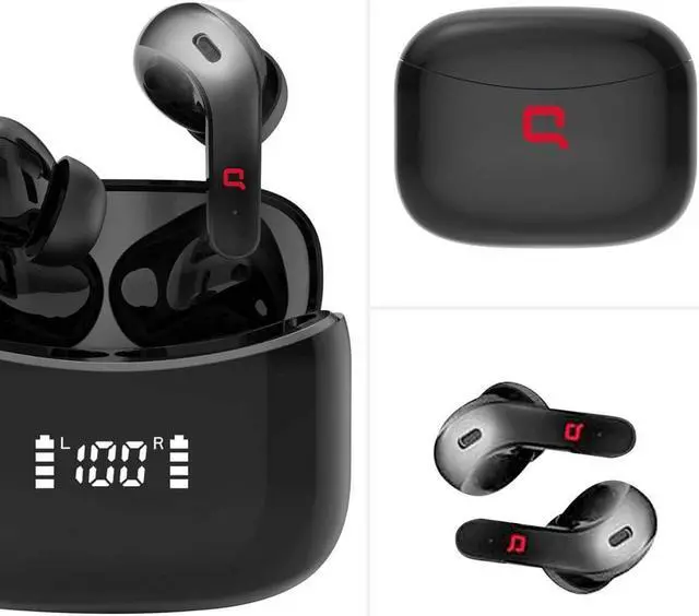 Alt view image 2 of 5 - Compaq wirless Earbuds QBuds, Bluetooth with immersive Premium Sound, Touch Control, Long Distance (10 k), LED Display Charging case, IPX7 Sweat- Resistant, Compatible w/Android & iOS (Black)