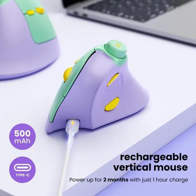 Alt view image 5 of 5 - seenda Ergonomic Mouse Rechargeable, Vertical Wireless Mouse with Volume knob, Quiet clicks, 3 Device Connection (Bluetooth or USB), Optical Mice for Windows, PC/Mac- Purple
