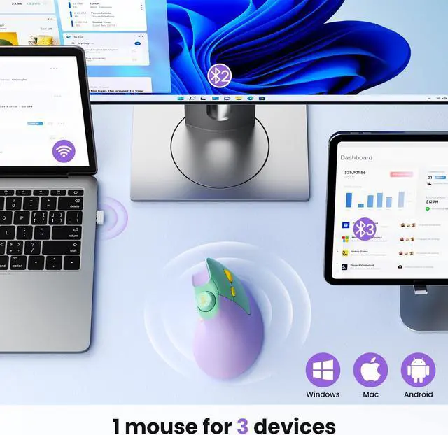 Alt view image 2 of 5 - seenda Ergonomic Mouse Rechargeable, Vertical Wireless Mouse with Volume knob, Quiet clicks, 3 Device Connection (Bluetooth or USB), Optical Mice for Windows, PC/Mac- Purple