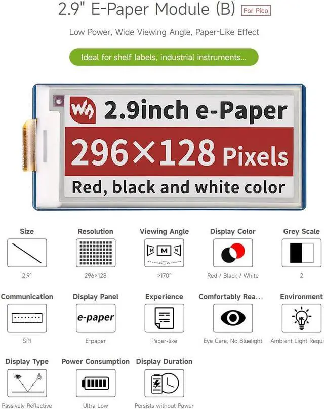 Alt view image 3 of 5 - Waveshare 2.9inch E-Paper E-Ink Display Module (B) for Raspberry Pi Pico 296×128 Pixels Red/Black/White