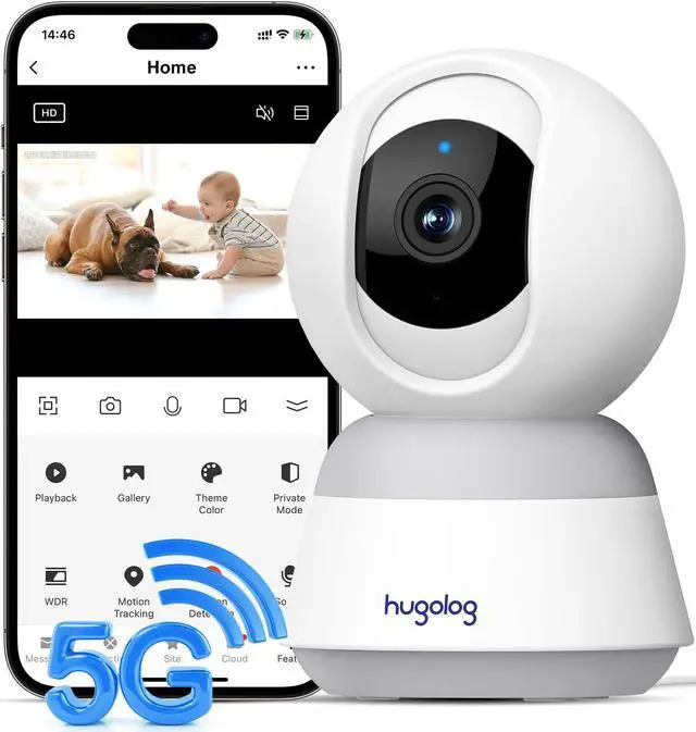 Main image of Hugolog 3K 5MP Indoor Pan/Tilt Security Camera with Auto-Focus,2.4 GHZ/5 GHZ,Ideal for Baby Monitor/Pet Camera,Starlight Color Night Vision,Human/Pet AI,Noise Reduction,US Cloud,Works with Alexa
