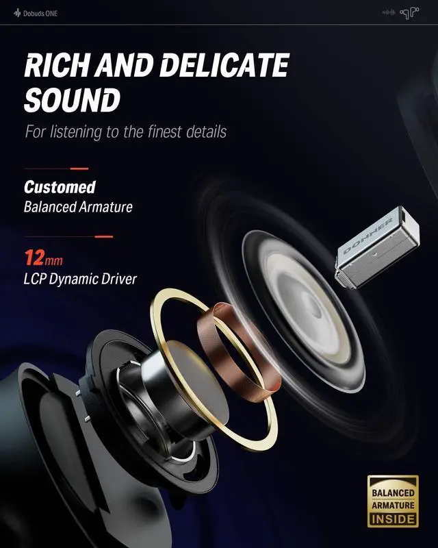 Alt view image 3 of 5 - Donner Noise Cancelling Wireless Earbuds, Bluetooth 5.2 Earphones with 4 Mic Clear Calls, 12mm Drivers, App for Custom EQ, 32H Playtime, Fast Charging, Transparency - Dobuds ONE,Black