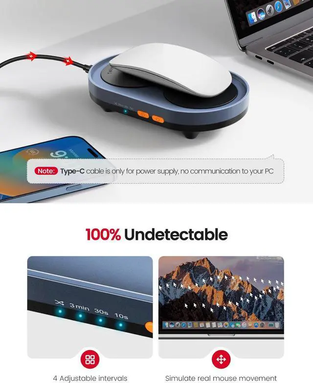 Alt view image 2 of 5 - Vaydeer Dual Turntable Mouse Mover, Turbo 3 Mouse Jiggler with Adjustable Intervals, ON/Off Switch, Undetectable & Noiseless Mouse Shaker Simulate Realistic Mouse Movement for Secure Computer Activity