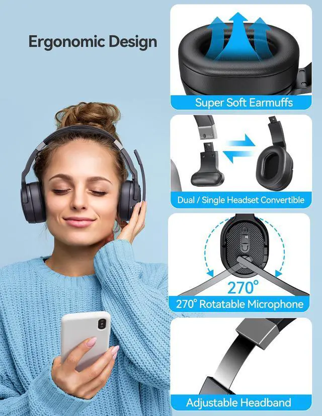 Alt view image 3 of 5 - TECKNET Bluetooth Trucker Headset, Single and Dual Ear Wireless Headset with Mic for Work Noise Cancelling, 50Hrs 3 EQ Music Modes Trucker bluetooth Headset for PC, Drivers, Office, Call Center Work