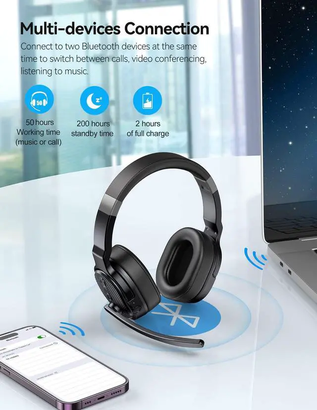 Alt view image 5 of 5 - TECKNET Bluetooth Trucker Headset, Single and Dual Ear Wireless Headset with Mic for Work Noise Cancelling, 50Hrs 3 EQ Music Modes Trucker bluetooth Headset for PC, Drivers, Office, Call Center Work