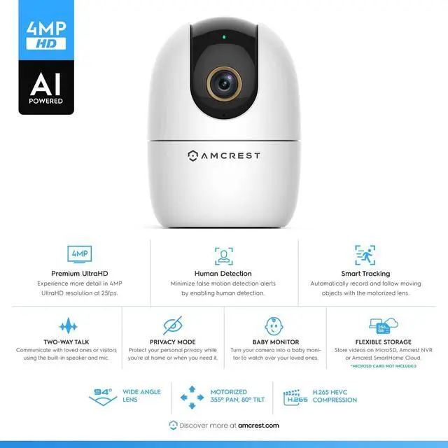 Alt view image 2 of 5 - Amcrest 4MP WiFi Camera Indoor Camera, Sound & Baby Monitor, Human & Pet Detection, Motion-Tracking, w/ 2-Way Audio, Phone App, Pan/Tilt Wireless IP, Night Vision, Smart Home ASH41-W
