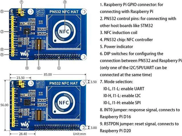 Alt view image 5 of 5 - PN532 NFC HAT for Raspberry Pi 4B/3B+/3B/2B/Zero/Zero W - I2C / SPI/UART Interface, Supports Various NFC/RFID Cards