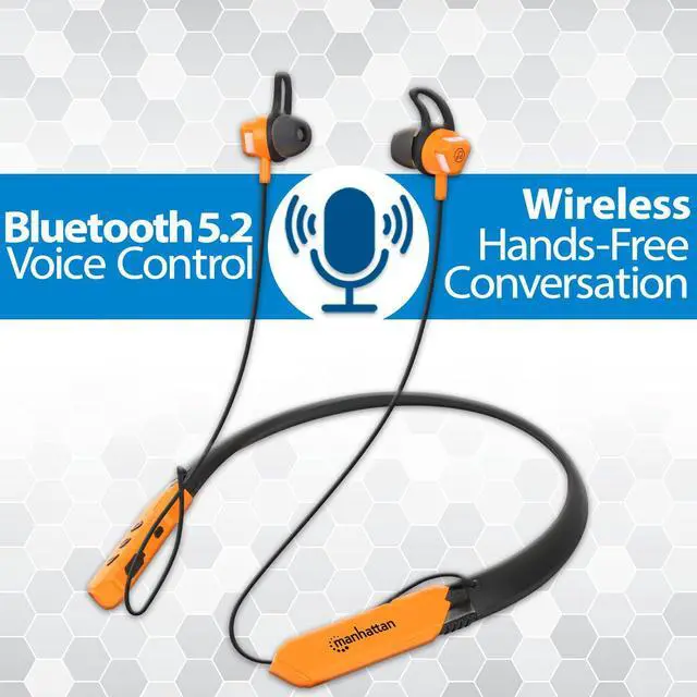 Alt view image 5 of 5 - MANHATTAN Bluetooth Wireless Neckband Headphones  Work Earbud Earphones with 15H Playtime, Noise-Isolating, IPX4 Water Resistant, Built-in Mic  for Work, Music, Calls  3 Yr Mfg Warranty -179829