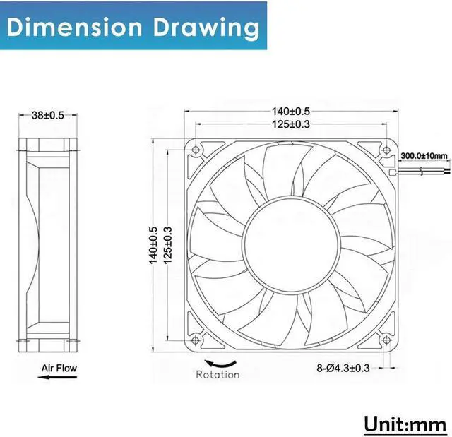 Alt view image 3 of 5 - GDSTIME 140mm High Static Pressure Cooling Fan 2-Pin 140x140x38mm DC 12V Ball Bearing for Radiator Heatsink