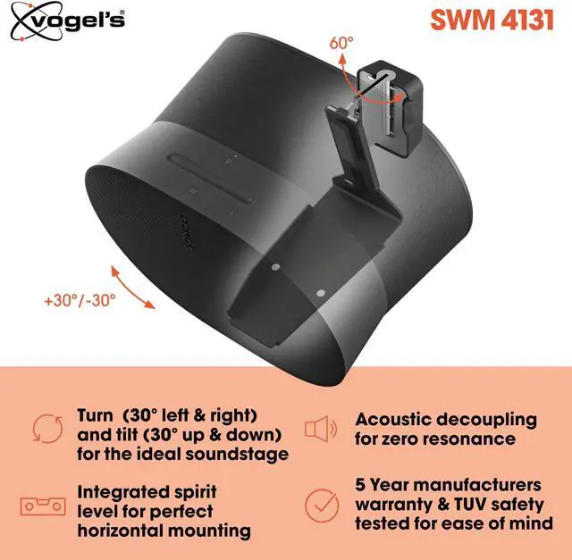 Alt view image 3 of 5 - Vogel's SWM 4131 Speaker Wall Bracket for Sonos ERA 300, Max. 11 lbs (5 kg), Tiltable -30º/+30º, Swivels up to 60º (Left/Right), Black, 1 Bracket
