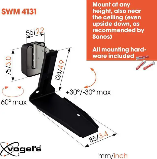 Alt view image 4 of 5 - Vogel's SWM 4131 Speaker Wall Bracket for Sonos ERA 300, Max. 11 lbs (5 kg), Tiltable -30º/+30º, Swivels up to 60º (Left/Right), Black, 1 Bracket