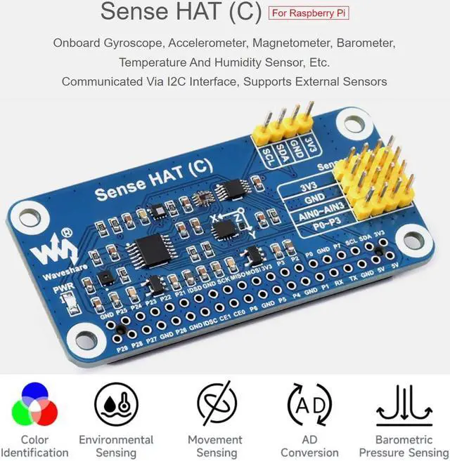 Alt view image 2 of 5 - waveshare Sense HAT (C) for Raspberry Pi 4/3 B+/3 B/2 B/B+/3 A+/A+/Zero/Zero W Onboard Multi Powerful Sensors Supports External Sensor with 40PIN GPIO Extension Header and I2C Interface