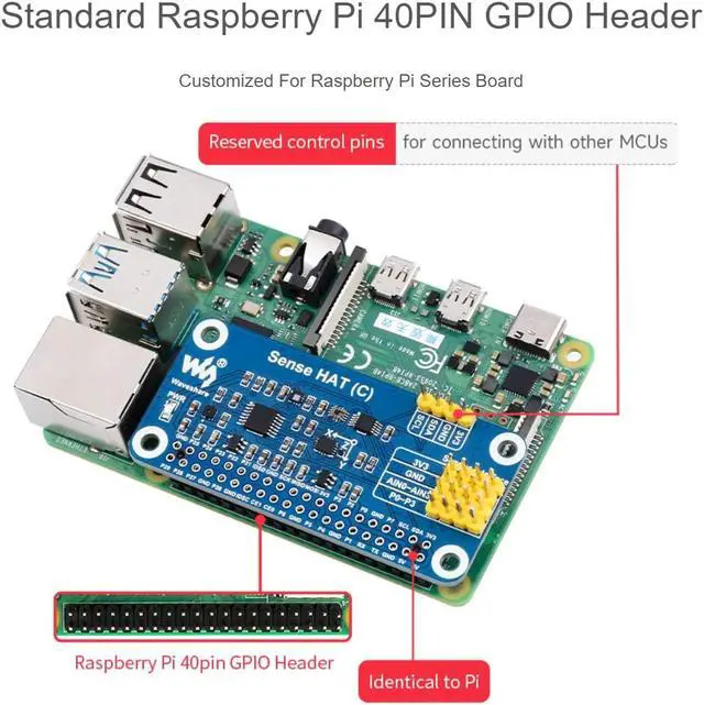 Alt view image 3 of 5 - waveshare Sense HAT (C) for Raspberry Pi 4/3 B+/3 B/2 B/B+/3 A+/A+/Zero/Zero W Onboard Multi Powerful Sensors Supports External Sensor with 40PIN GPIO Extension Header and I2C Interface