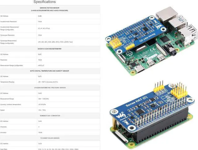 Alt view image 4 of 5 - waveshare Sense HAT (C) for Raspberry Pi 4/3 B+/3 B/2 B/B+/3 A+/A+/Zero/Zero W Onboard Multi Powerful Sensors Supports External Sensor with 40PIN GPIO Extension Header and I2C Interface