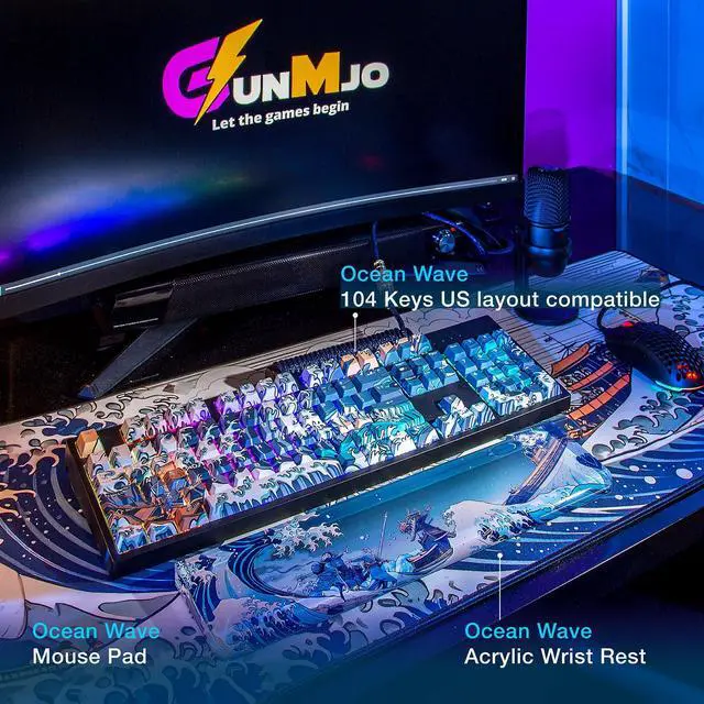 Alt view image 2 of 5 - GUNMJO PBT Dye-Sublimation Ocean Wave Keycaps for Gaming Keyboard with Cherry Gateron MX Switches Mechanical Keyboard, OEM Profile 61/87 /Full 104 Keys US Layout Compatible Keys with 6.25U Space Bar