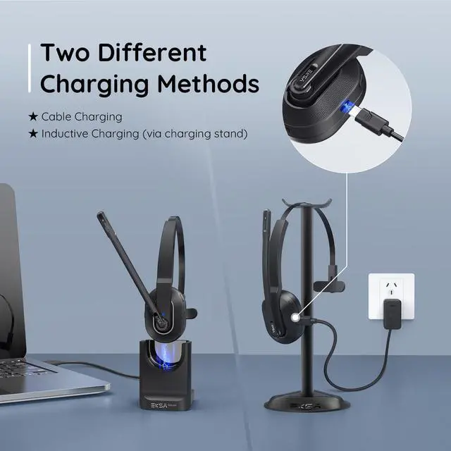 Alt view image 3 of 5 - EKSA Wireless Headset with AI Noise Cancelling, 45 Hours Playtime, Trucker Headset with USB Dongle & Charging Base for Work PC Home Office Trucker Call Center