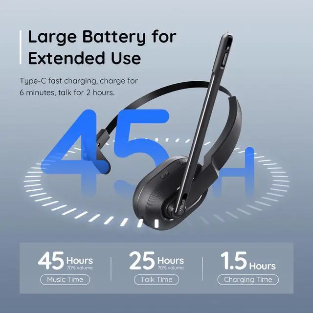 Alt view image 4 of 5 - EKSA Wireless Headset with AI Noise Cancelling, 45 Hours Playtime, Trucker Headset with USB Dongle & Charging Base for Work PC Home Office Trucker Call Center