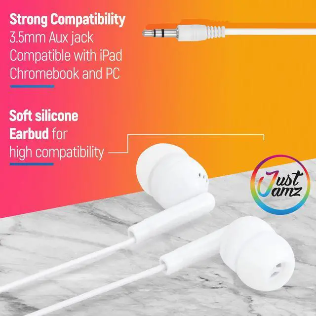 Alt view image 5 of 5 - JustJamz Pearl White Bulk Headphones 100 Pack  Wired Earbuds Bulk for Classroom, Schools, and Students  Disposable Ear Buds for Kids and Adults  3.5mm Jack, Comfortable Fit, Tangle-Free Design