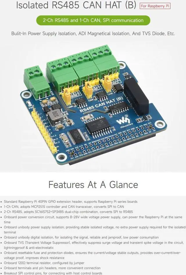 Alt view image 3 of 5 - waveshare Isolated RS485 CAN HAT B, Compatible with Raspberry Pi 5/4B/3B/Zero/Zero W/Zero 2W/Pico/Pico W/Pico WH, Type 2-Ch RS485 and 1-Ch CAN Multi Protections