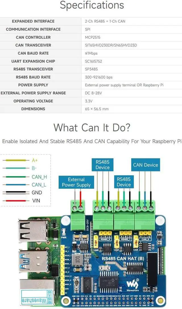 Alt view image 4 of 5 - waveshare Isolated RS485 CAN HAT B, Compatible with Raspberry Pi 5/4B/3B/Zero/Zero W/Zero 2W/Pico/Pico W/Pico WH, Type 2-Ch RS485 and 1-Ch CAN Multi Protections