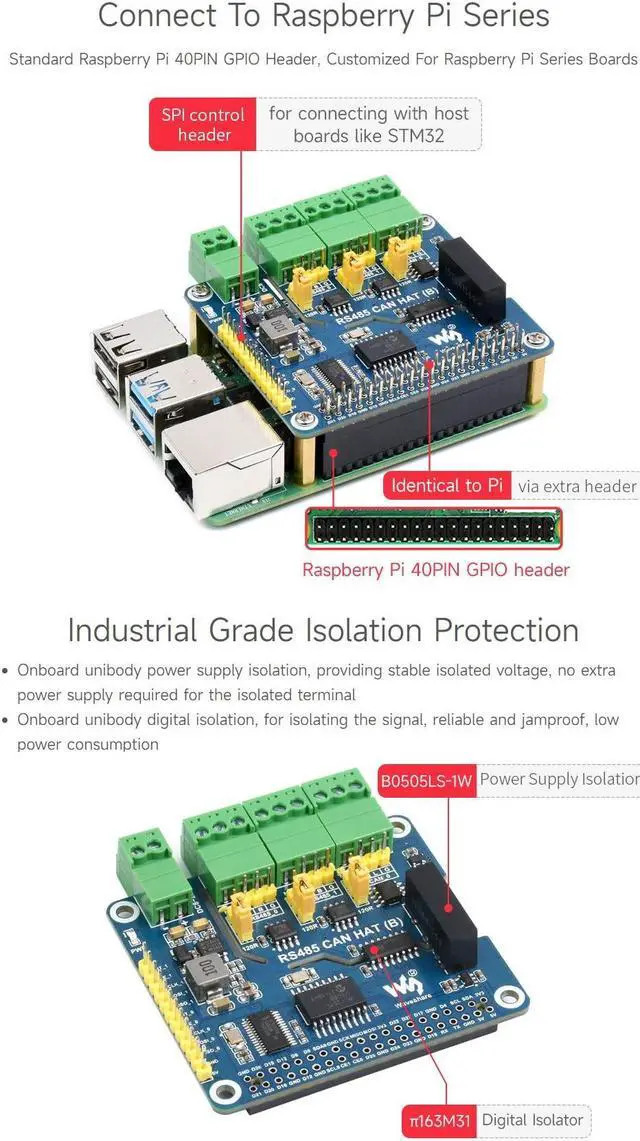 Alt view image 5 of 5 - waveshare Isolated RS485 CAN HAT B, Compatible with Raspberry Pi 5/4B/3B/Zero/Zero W/Zero 2W/Pico/Pico W/Pico WH, Type 2-Ch RS485 and 1-Ch CAN Multi Protections