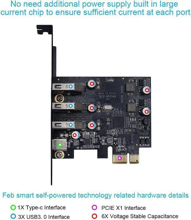 Alt view image 4 of 5 - PCI-E to USB 3.0 4 Ports(1 X USB-C - 3 X USB-A) Expansion Card, PCI Express USB Add in Expansion Card, Internal USB3 Hub for Desktop PC Host Card Support Windows 10/8/7/XP and MAC OS 10.8.2 Above