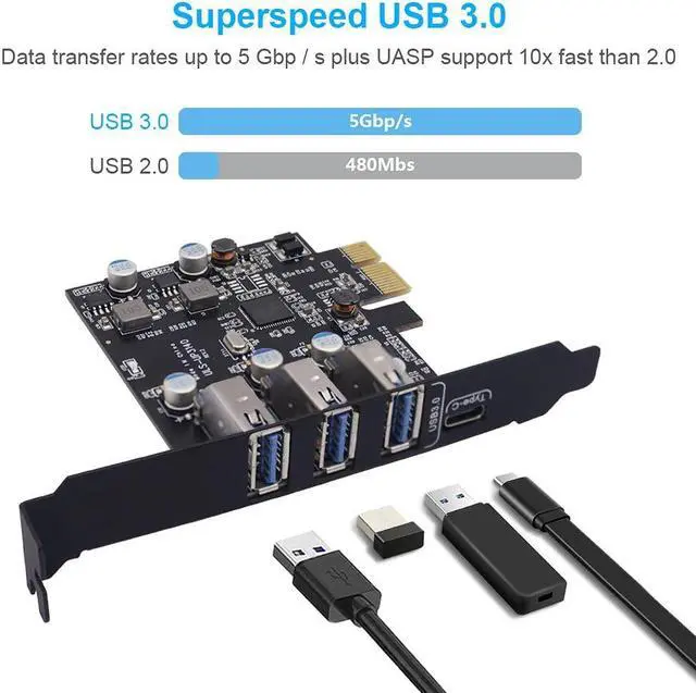 Alt view image 5 of 5 - PCI-E to USB 3.0 4 Ports(1 X USB-C - 3 X USB-A) Expansion Card, PCI Express USB Add in Expansion Card, Internal USB3 Hub for Desktop PC Host Card Support Windows 10/8/7/XP and MAC OS 10.8.2 Above