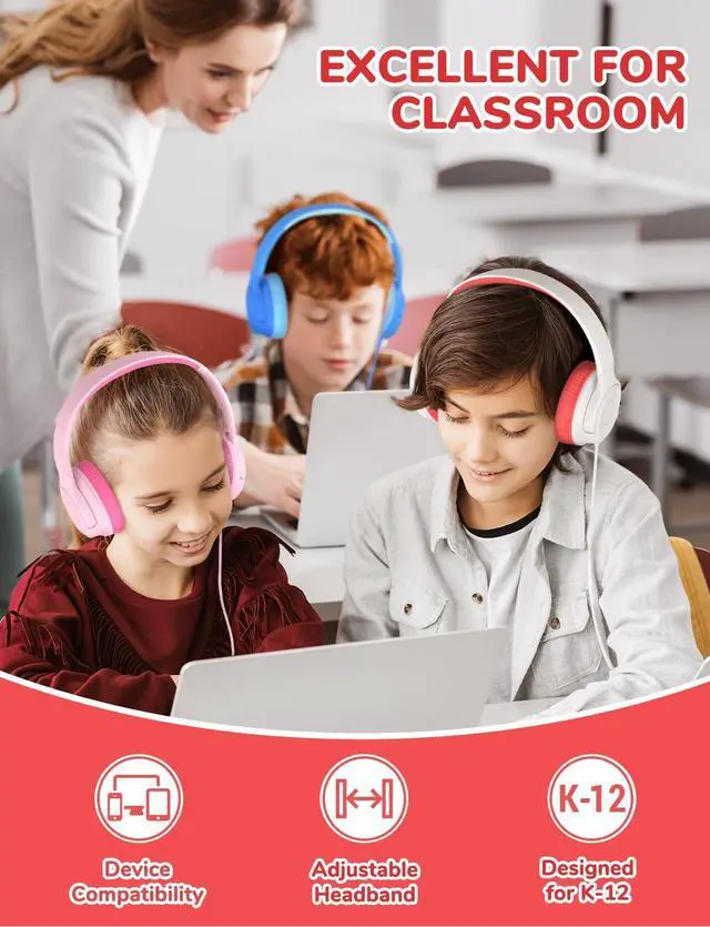 Alt view image 2 of 5 - iClever HS27 & HS22 Kids Headphones Wired Bundles-Comfortable Fit, Safe 85dBA Volume Limited,Girls Boys Headphones for Foldable 3.5mm Wired Kids Headphones for iPad Computer