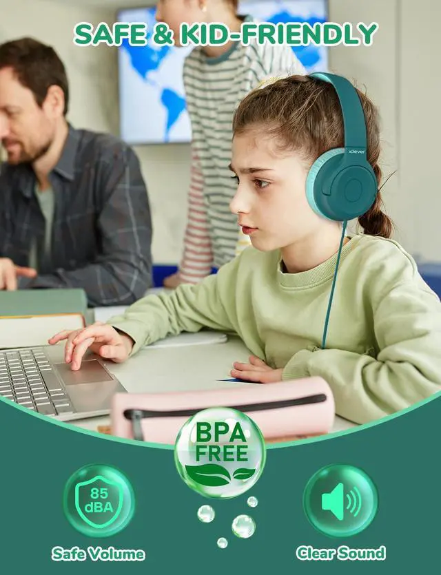 Alt view image 4 of 5 - iClever HS27 & HS22 Kids Headphones Wired Bundles-Comfortable Fit, Safe 85dBA Volume Limited,Girls Boys Headphones for Foldable 3.5mm Wired Kids Headphones for iPad Computer