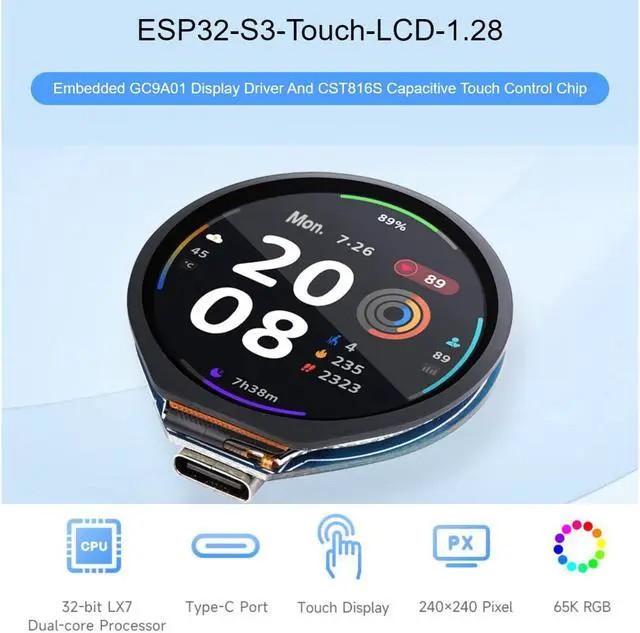 Alt view image 3 of 5 - ESP32-S3 Development Board Onboard 1.28inch Round Touch LCD Display,32-bit LX7 Dual-core Processor,Support 2.4 GHz Wi-Fi and Bluetooth 5(LE) ,Embedded GC9A01 Driver And CST816S Touch Control Chip