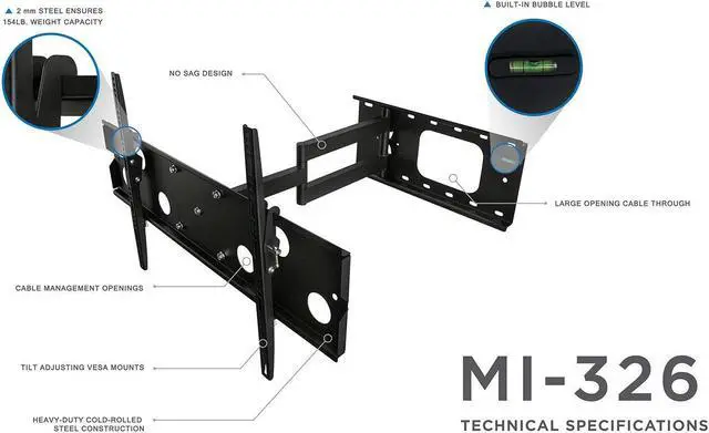 Alt view image 5 of 5 - Mount-It! Extended Articulating TV Wall Mount Low-Profile Full Motion Tilting Corner Bracket for 32-60 Inch Flat Screen, VESA up to 750x450, 175 lb Capacity (MI-326B)