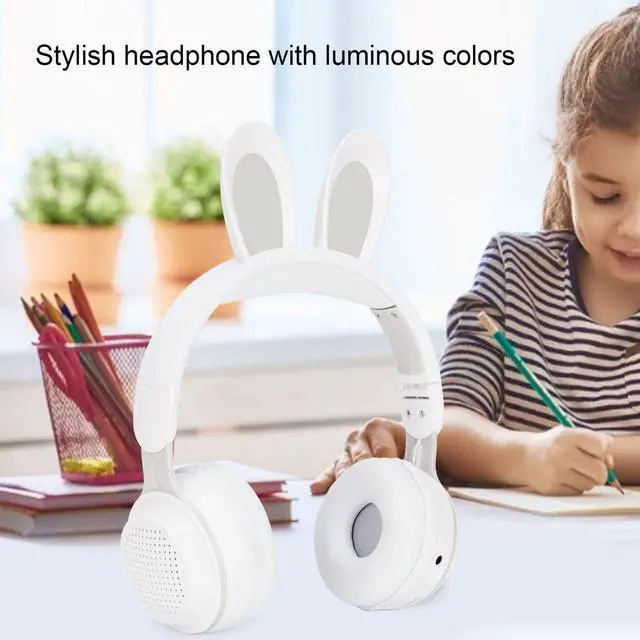 Alt view image 3 of 5 - Foldable Bluetooth 5.0 Headphones with Microphone Cute Rabbit Ear Over Ear Headphones for Green Kids Teens Adults, 12 Hours of Listening Time, TF/Aux, Built in 7 LED