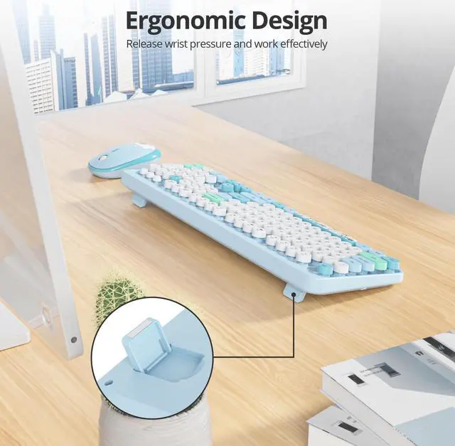 Alt view image 4 of 5 - Mosptnspg 2.4G Colorful Keyboard, 104 Key Blue Wireless Customized Membrane Round keycaps Retro Typewriter Office Keyboard for PC/Mac/Laptop/Tablet/Computer Windows (Blue)