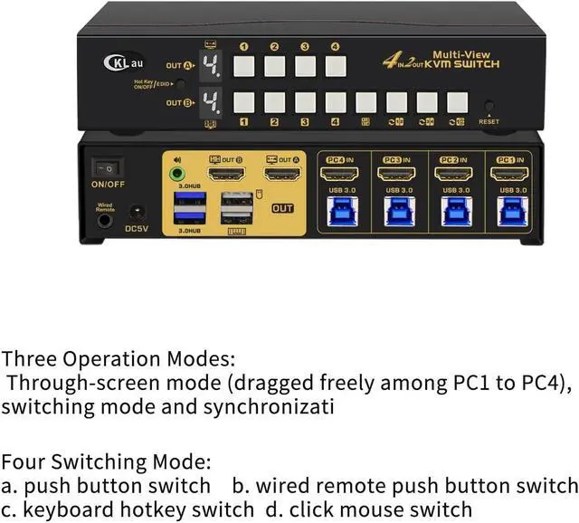 Alt view image 2 of 5 - CKLau 4 Port HDMI Split Multi-View KVM Switch Dual Monitor with Cables - Supports Single, Dual, Quad Screen Modes - Split & PIP Function, Hotkey Switching