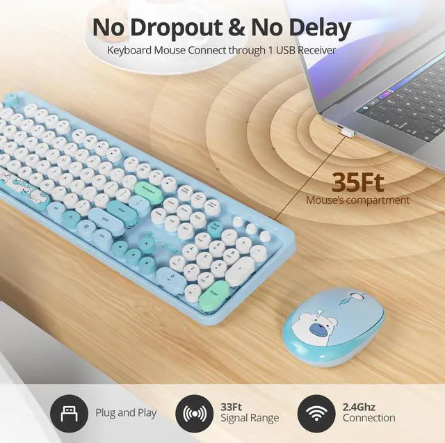 Alt view image 2 of 5 - Mosptnspg 2.4G Colorful Keyboard, 104 Key Blue Wireless Customized Membrane Round keycaps Retro Typewriter Office Keyboard for PC/Mac/Laptop/Tablet/Computer Windows (Blue)