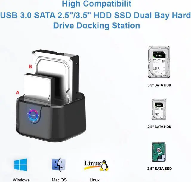 Alt view image 5 of 5 - GODO USB 3.0 to SATA III Mini Dual Bay External Hard Drive Docking Station for 2.5 / 3.5 inch HDD SSD,Support Offline Clone,Hot Pluggable,with USB C Adapter,UASP