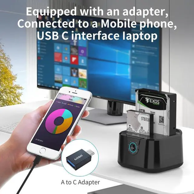 Alt view image 3 of 5 - GODO USB 3.0 to SATA III Mini Dual Bay External Hard Drive Docking Station for 2.5 / 3.5 inch HDD SSD,Support Offline Clone,Hot Pluggable,with USB C Adapter,UASP
